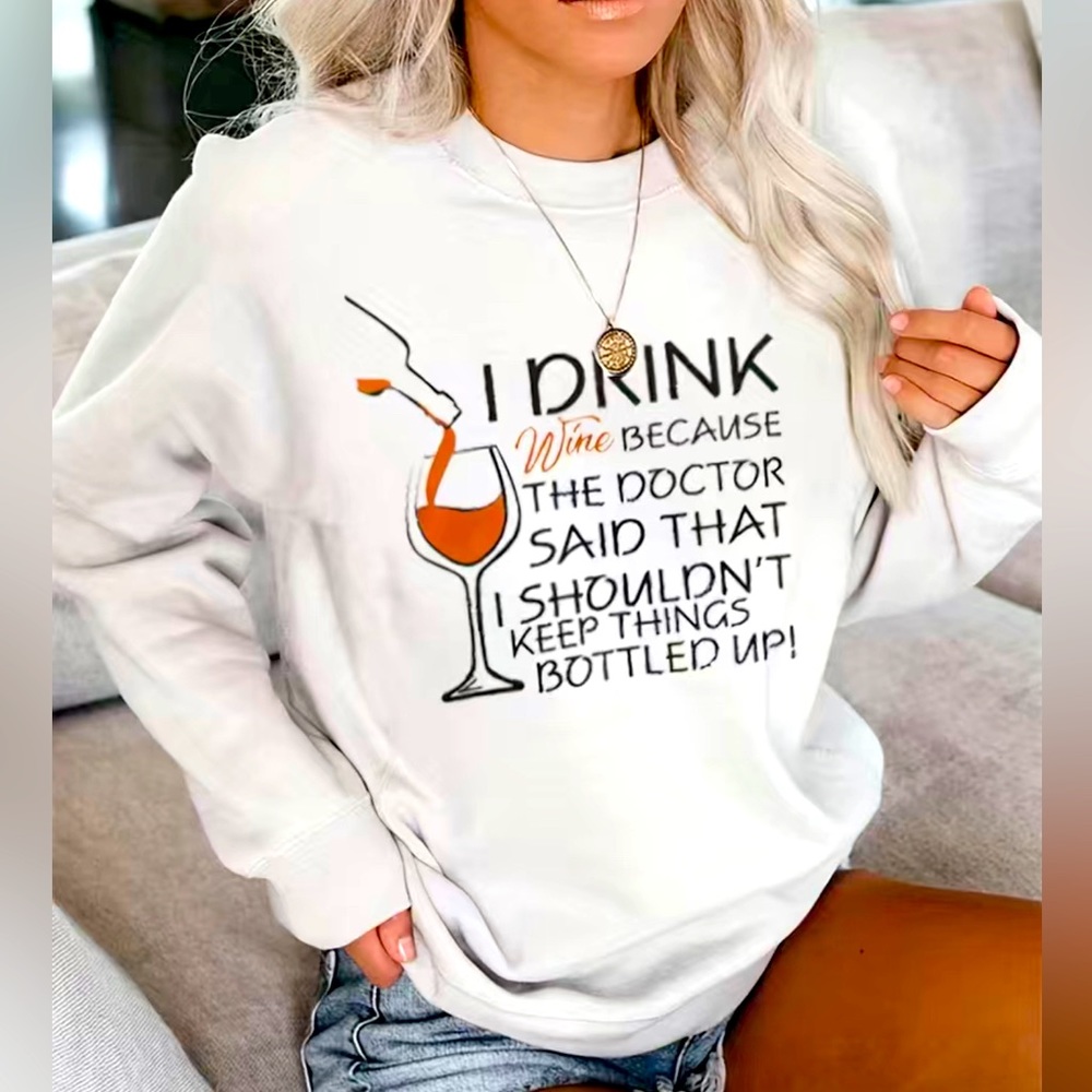 Graphic Sweatshirt Drinking Glass Long Sleeves White Fits XL Comfy Soft Fabric